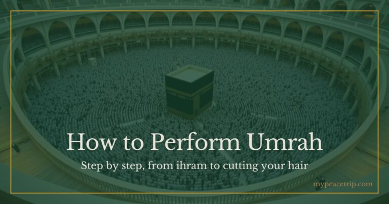 Pilgrims performing tawaf around the Kaaba seen from above, with the title How to Perform Umrah