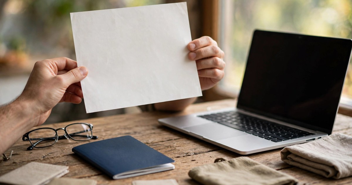 Hands holding a printed visa page beside a laptop and a passport