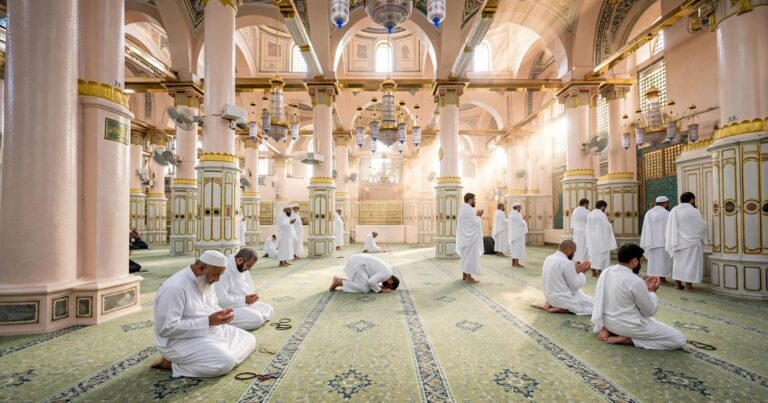 Pilgrims praying on the green carpet of the Rawdah inside the Prophet's Mosque in Madinah