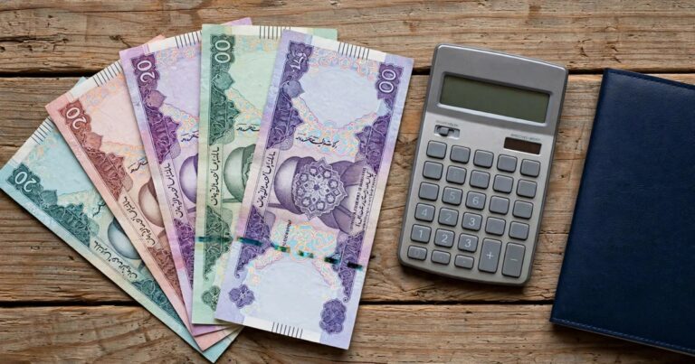 Banknotes, a calculator and a passport on a wooden table, working out the cost of Umrah from Pakistan