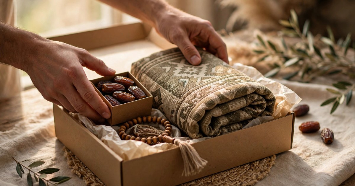Hands packing a gift box with a box of dates, a folded prayer mat and prayer beads