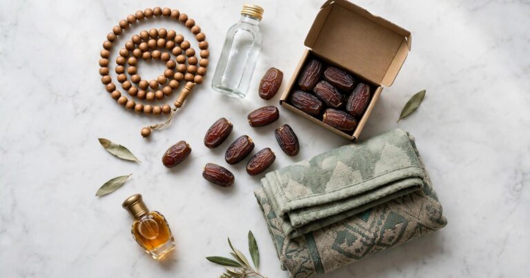 Umrah gifts laid out on marble: prayer beads, a bottle of Zamzam water, a box of dates, a folded prayer mat and a small attar bottle