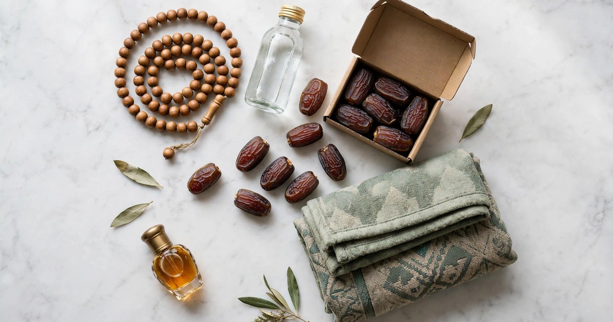 Umrah gifts laid out on marble: prayer beads, a bottle of Zamzam water, a box of dates, a folded prayer mat and a small attar bottle