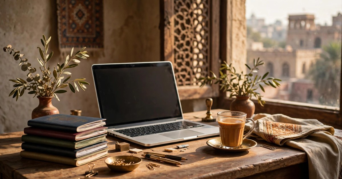 A travel agent's desk with passports, a laptop and tea, where Umrah visa applications from Pakistan are prepared