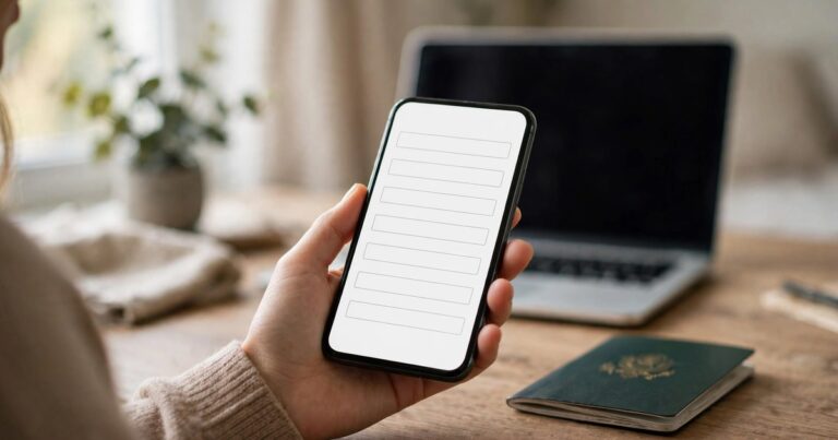 Person holding a smartphone with an online form open, a passport on the desk beside it, checking an Umrah visa