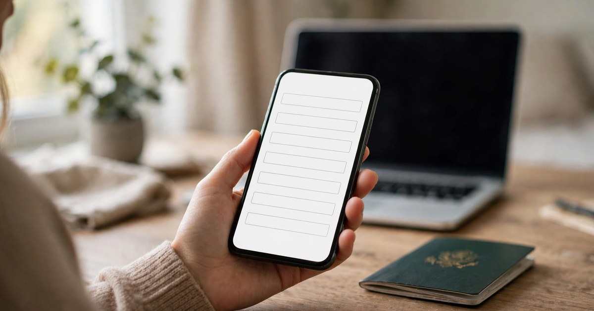 Person holding a smartphone with an online form open, a passport on the desk beside it, checking an Umrah visa