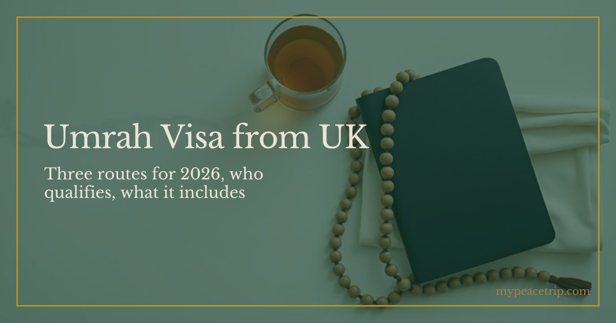 British passport, prayer beads and folded cloth on marble, with the title Umrah Visa from UK