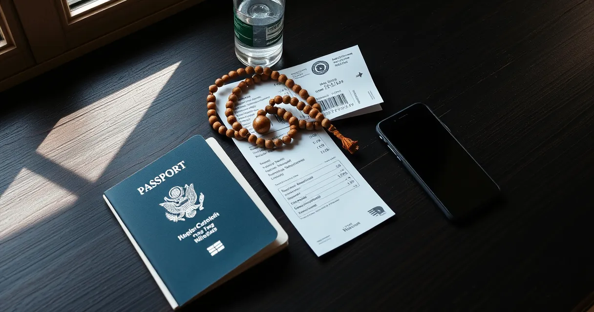 Passport, boarding pass and prayer beads laid out before an Umrah journey