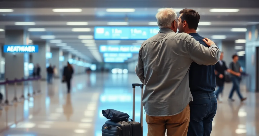 Family saying farewell to a pilgrim at the airport departure hall