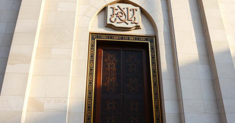 Ornate teak and brass gate of Masjid an-Nabawi with a stone plaque above it