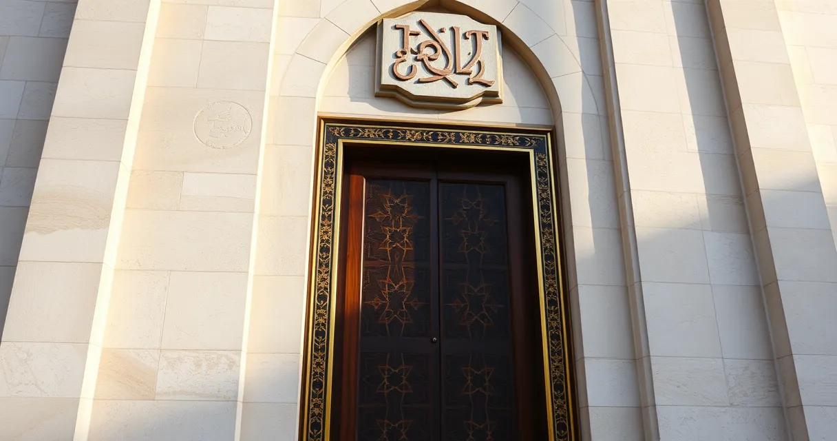 Ornate teak and brass gate of Masjid an-Nabawi with a stone plaque above it