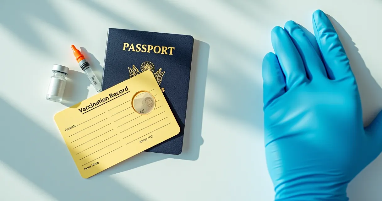 Vaccination record card, passport and vaccine vial on a clinic worktop