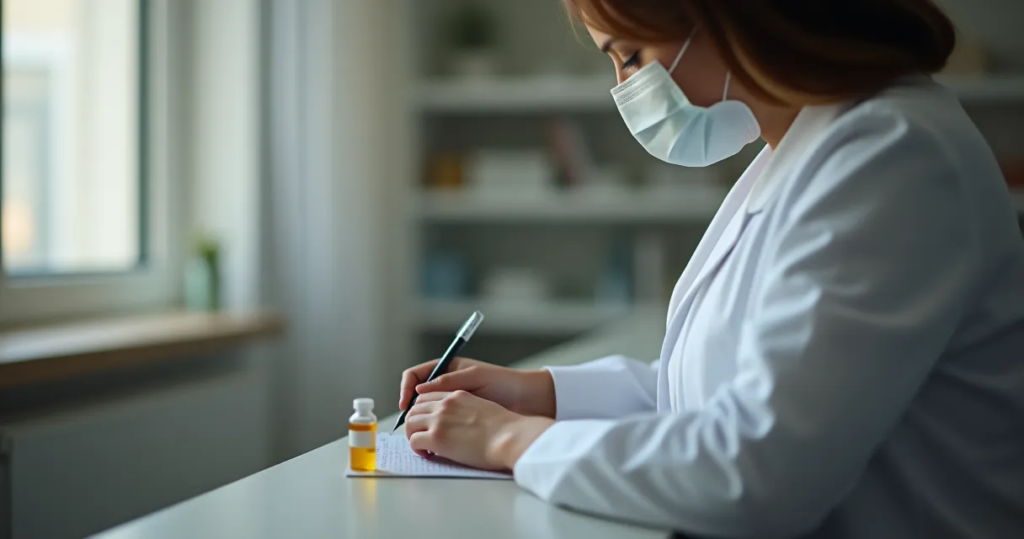 Pharmacist completing a vaccination record card at a travel clinic