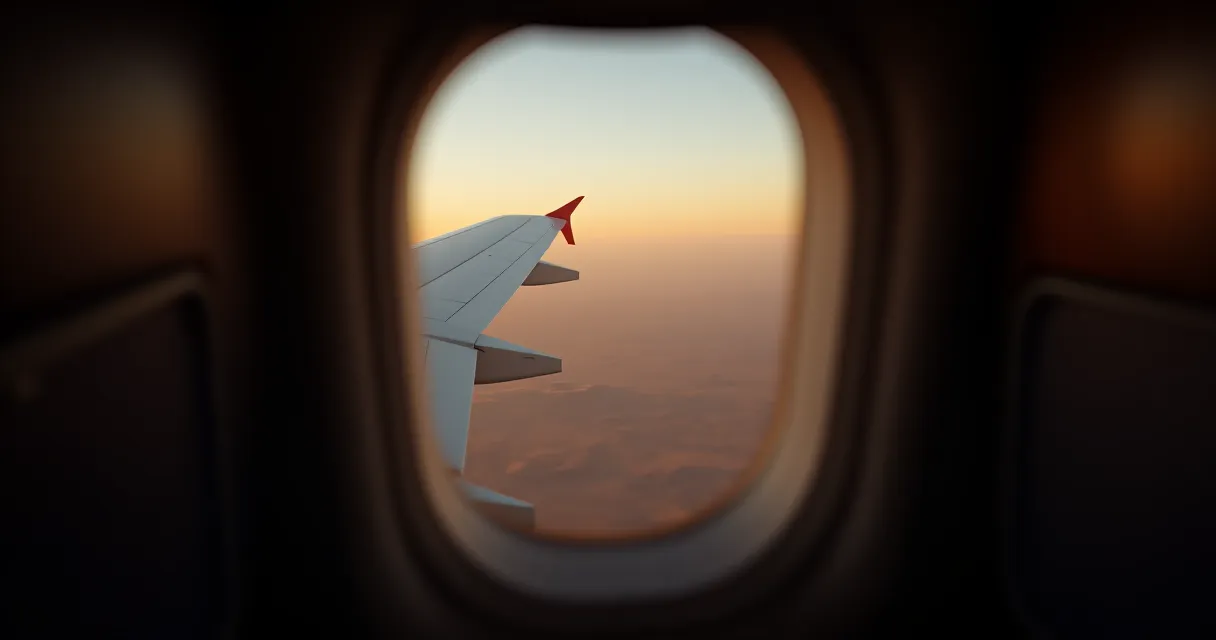 View from an aircraft window over desert terrain in evening light